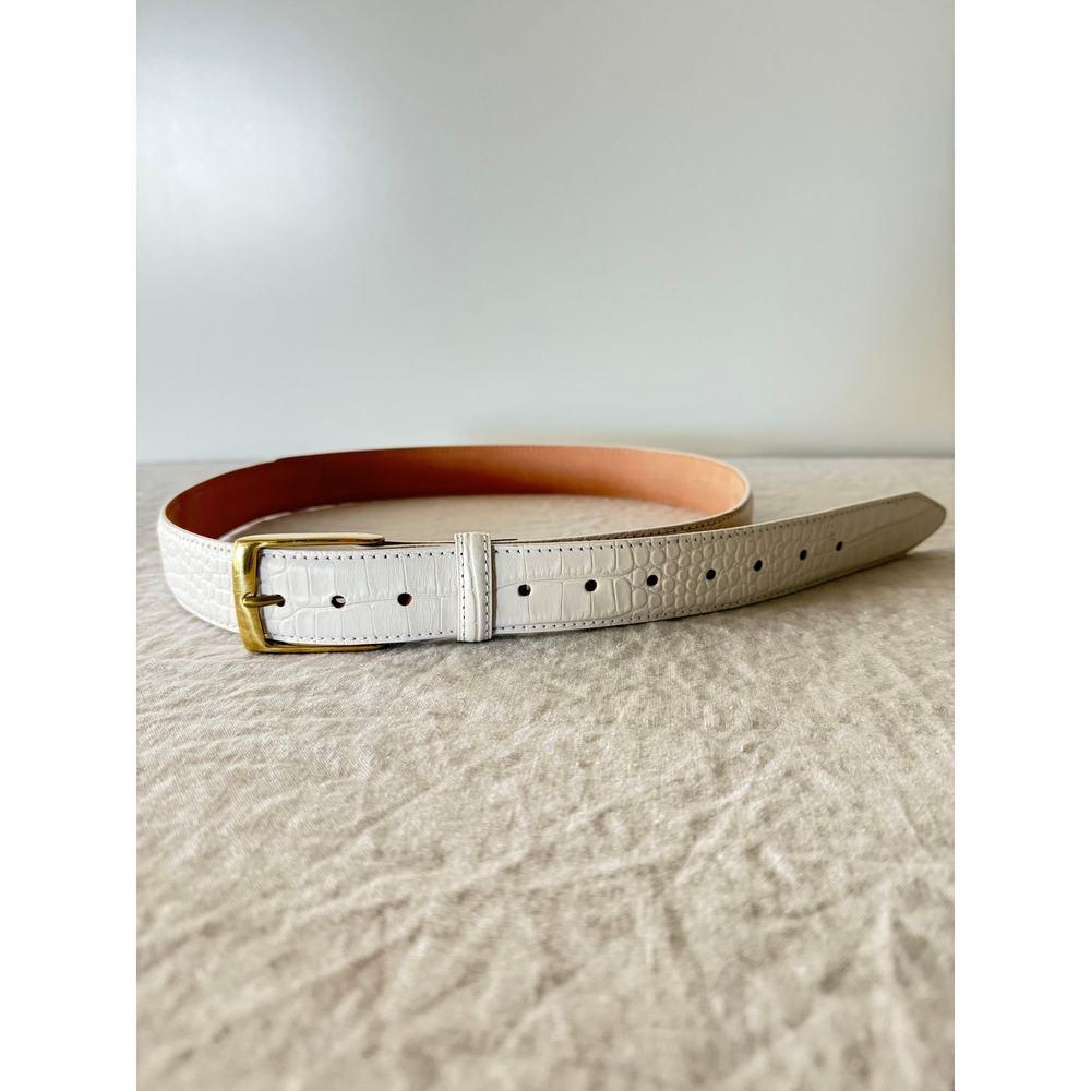 Belts Croc Embossed Belt 40 White Italian Calfskin Leather Gold Buckle Luxury